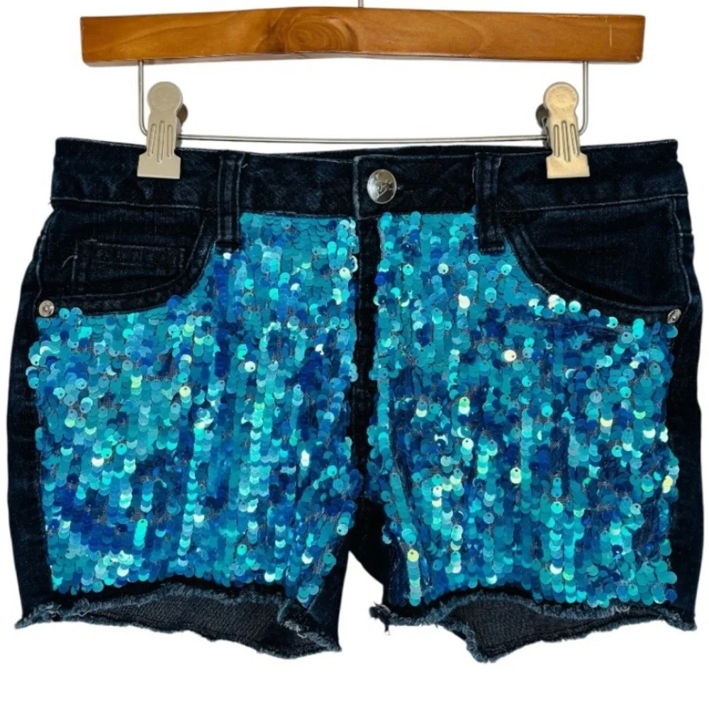 Justice Girl’s Blue & Turquoise Sequin Denim Mermaid Jean Shorts Size 14 Slim